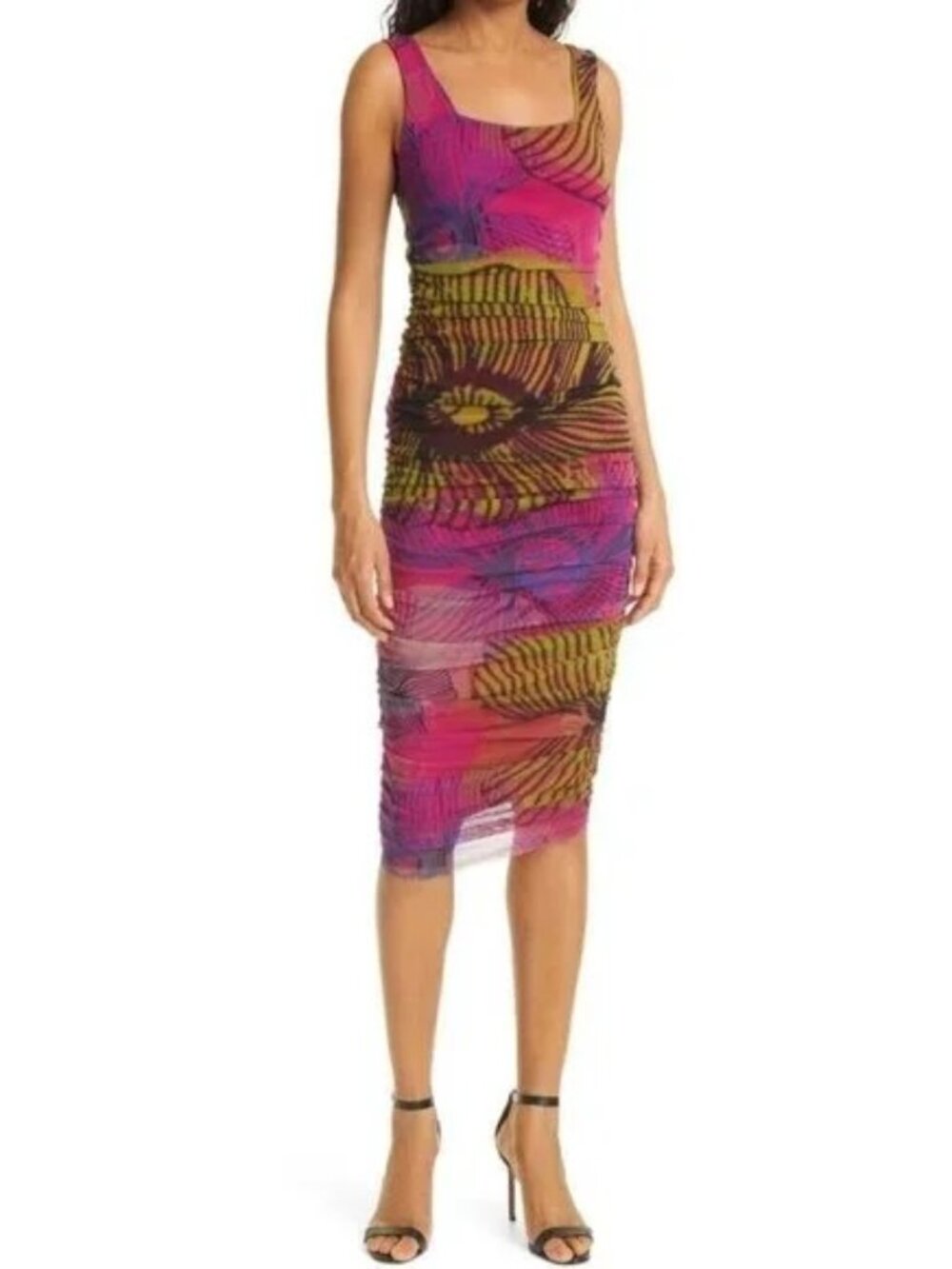 Fuzzi Begonia Ruched Mesh Midi Dress L Magenta Pink Green Floral Print Stretchy